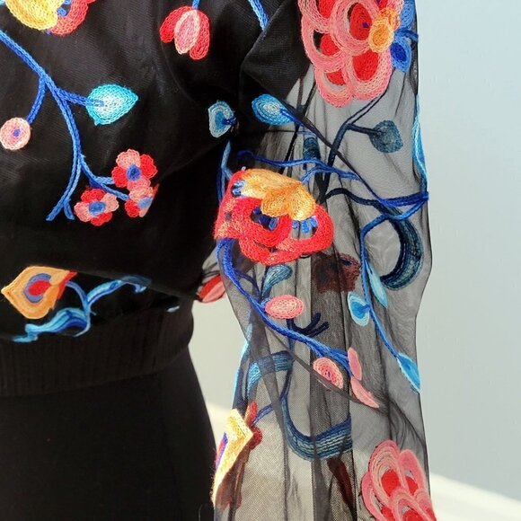 NEW COSMOPOLITAN x DRESS THE POPULATION MESH FLORAL BLACK LONG SLEEVE CROP TOP - Picture 11 of 15